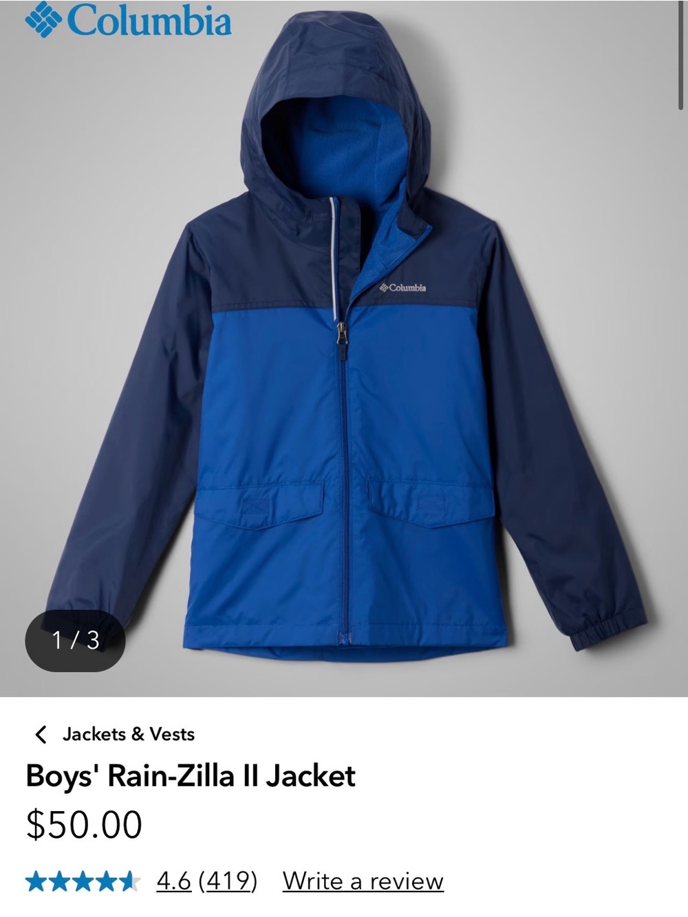 Columbia Boys' Rain Jacket - Royal Blue and Navy